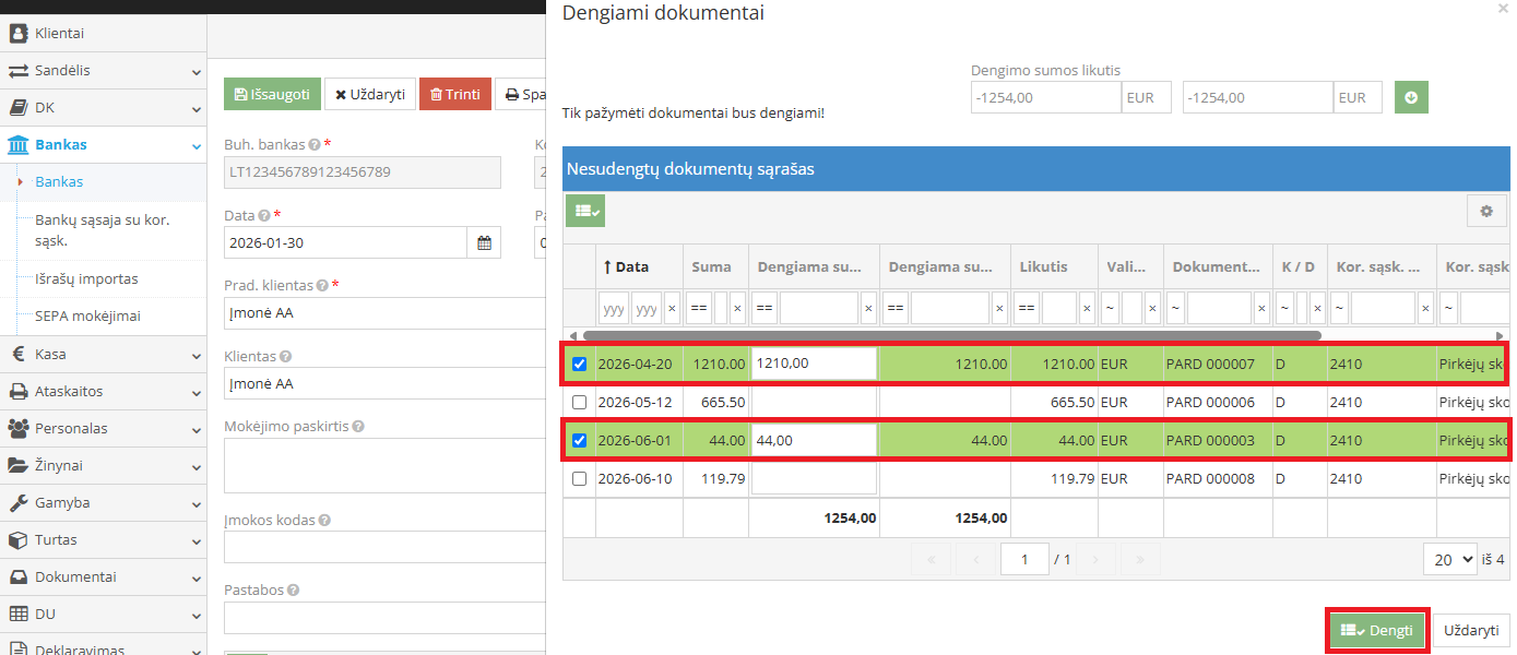 Dengiamos sumos koregavimas dokumentų dengimo lange